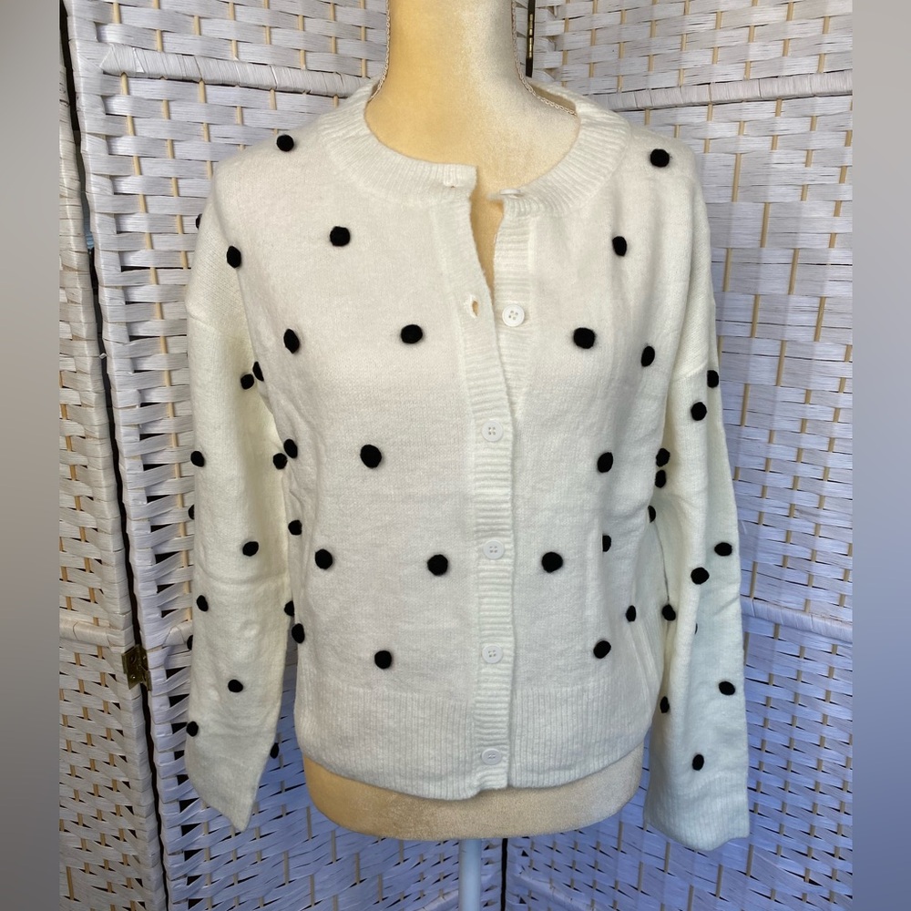 NWT Hem & Thread Cardigan PomPom Polka Dot Button Down Sweater White and Black - Picture 4 of 9